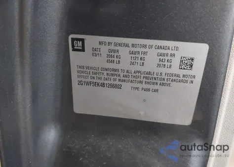 2011 Chevrolet Impala Ls z USA, uszkodzony, nr VIN 2G1WF5EK4B1266802